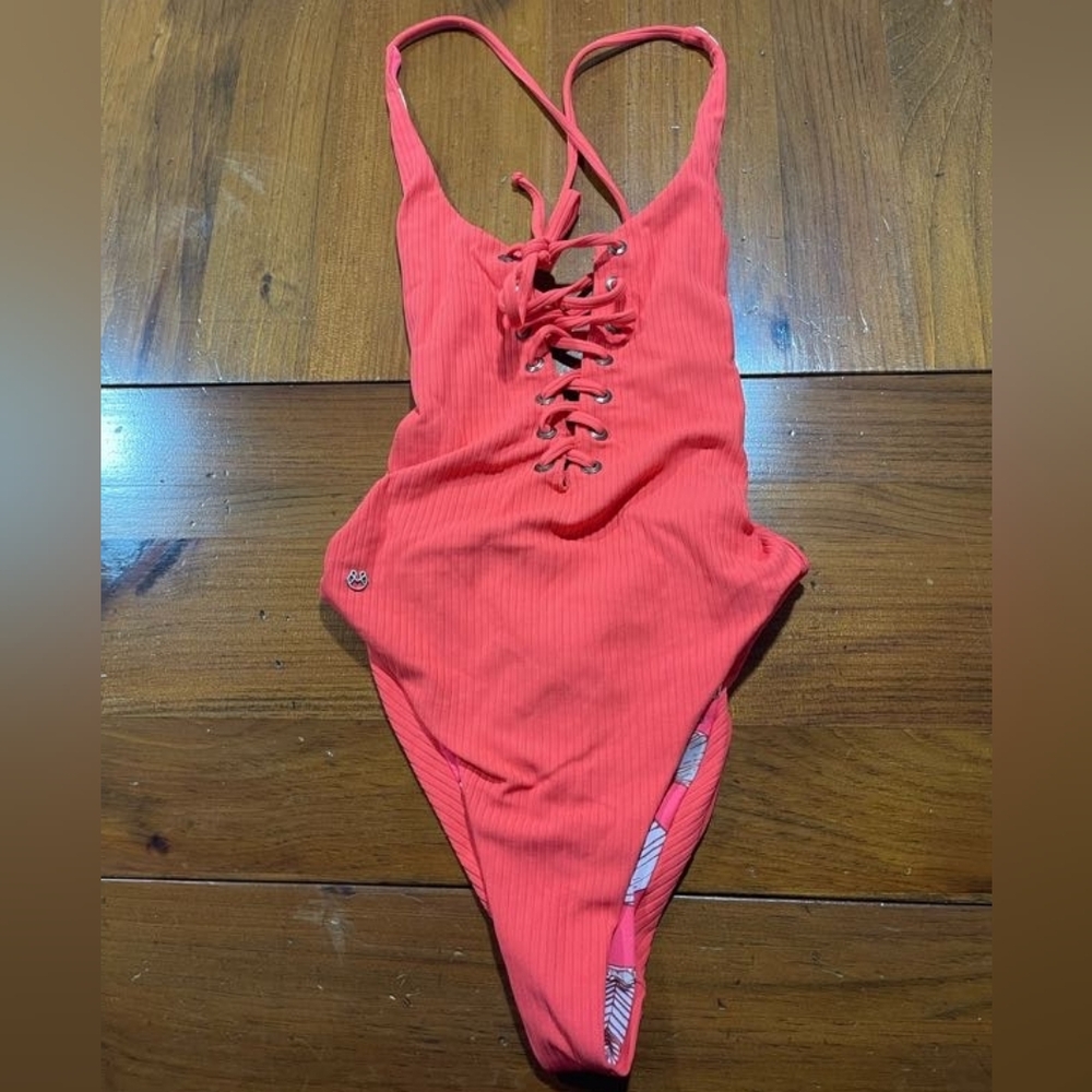 Maaji Womens Orange Coral Ribbed Floral Reversible Lace Up One Piece Swimsuit Sm